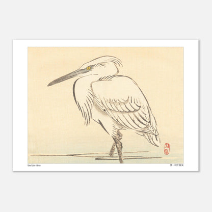 Illustration naturaliste d'un héron blanc par l'artiste japonais Kōno Bairei (21x29,7 cm (A4)). Une peinture d'un héron blanc aux yeux jaunes, debout dans l'eau peu profonde, dans le style de Kōno Bairei.