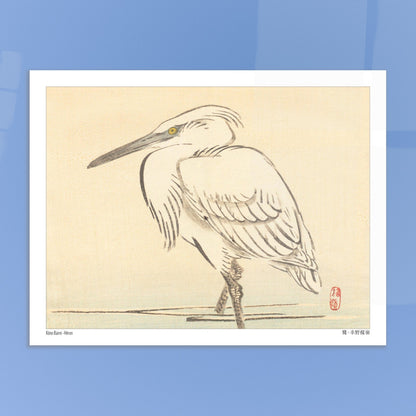 Illustration naturaliste d'un héron blanc par l'artiste japonais Kōno Bairei. Une peinture d'un héron blanc aux yeux jaunes, debout dans l'eau peu profonde, dans le style de Kōno Bairei. Image d'illustration 6