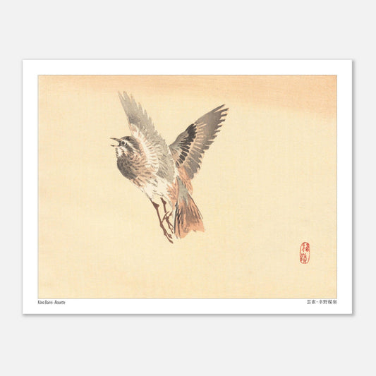 Illustration d'une Alouette en vol, estampe japonaise de Kōno Bairei (27x35 cm). Illustration d'une alouette de Kōno Bairei en plein vol, aux plumes brunes et grises, sur fond beige.
