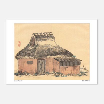 Illustration japonaise d'une maison au toit de chaume par Kōno Bairei (29,7x42 cm (A3)). Illustration japonaise ancienne d'une maison traditionnelle avec un toit de chaume, entourée de végétation basse.