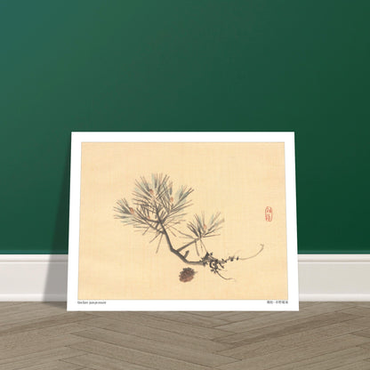 Illustration d'une Branche de Pin Japonais par Kōno Bairei. Illustration naturaliste d'une branche de pin avec des pommes de pin sur fond jaune pâle, signée Kōno Bairei. Image d'illustration 6