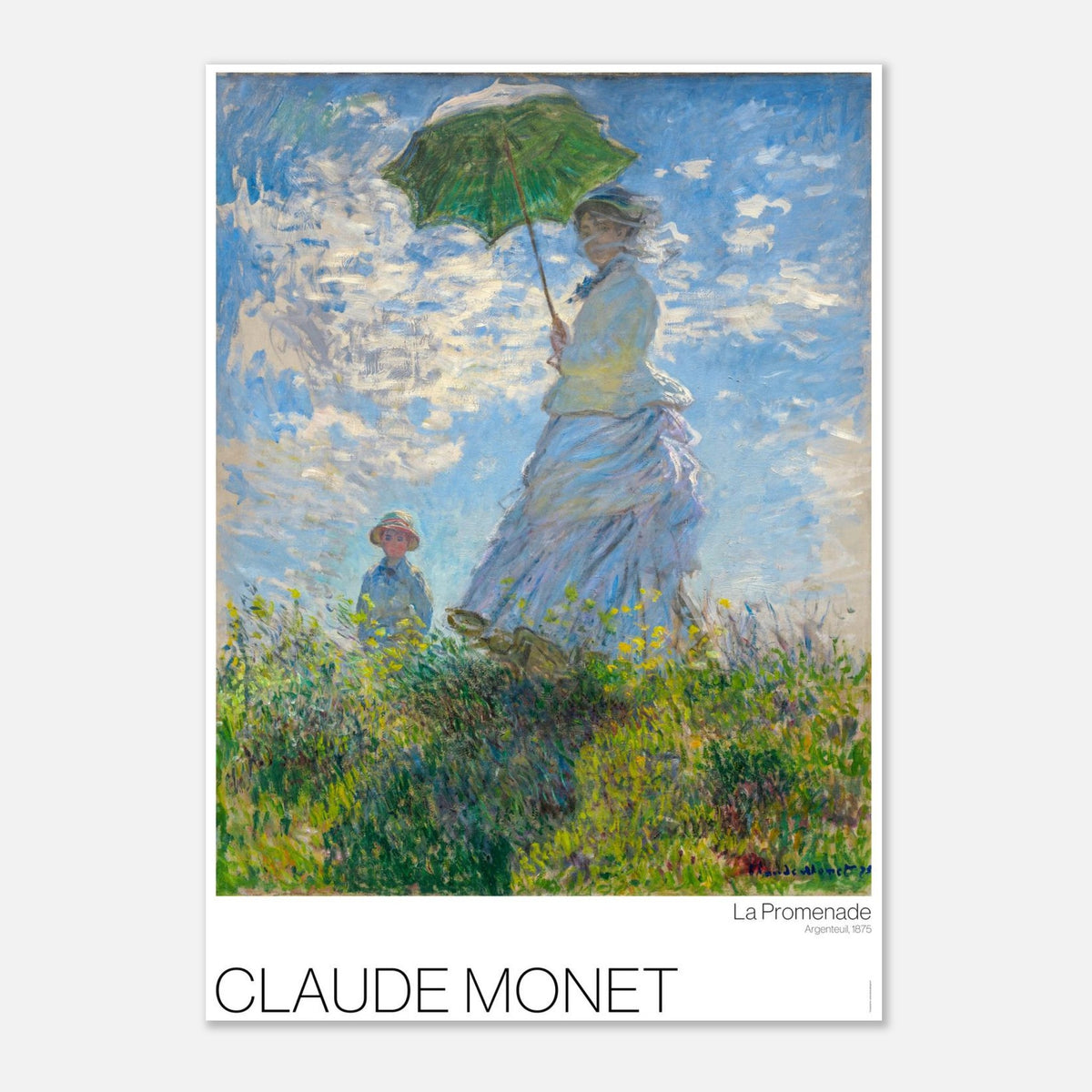 Illustration von Der Spaziergang (Frau mit Sonnenschirm) von Claude Monet (21x29,7 cm (A4)). Der Spaziergang von Claude Monet, Gemälde einer Frau mit einem grünen Regenschirm auf einem sonnigen Hügel, mit einem Kind hinter ihr.
