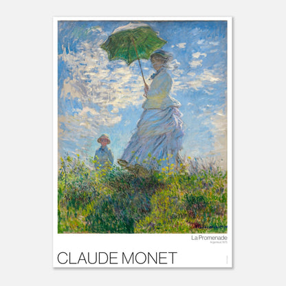 Illustration von Der Spaziergang (Frau mit Sonnenschirm) von Claude Monet (50x70 cm). Der Spaziergang von Claude Monet, Gemälde einer Frau mit einem grünen Regenschirm auf einem sonnigen Hügel, mit einem Kind hinter ihr.