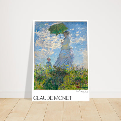 Illustration von Der Spaziergang (Frau mit Sonnenschirm) von Claude Monet. Der Spaziergang von Claude Monet, Gemälde einer Frau mit einem grünen Regenschirm auf einem sonnigen Hügel, mit einem Kind hinter ihr.