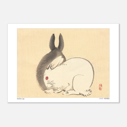 Illustration d'un lapin blanc par l'artiste japonais Kōno Bairei (29,7x42 cm (A3)). Une peinture d'un lapin blanc aux yeux rouges et d'une ombre de lapin noir, dans le style de Kōno Bairei.