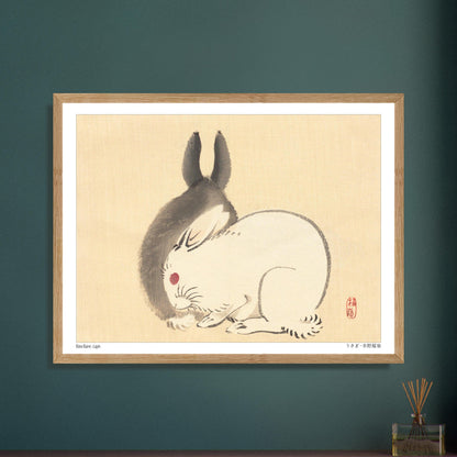Illustration d'un lapin blanc par l'artiste japonais Kōno Bairei. Une peinture d'un lapin blanc aux yeux rouges et d'une ombre de lapin noir, dans le style de Kōno Bairei. Image d'illustration 5