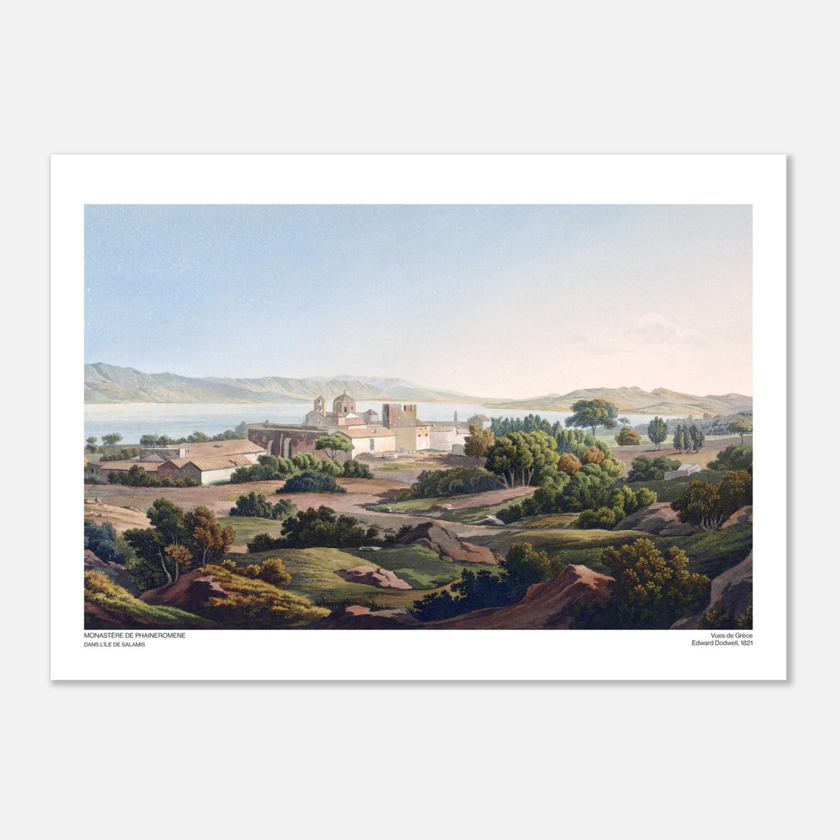 Illustrazione del Monastero di Phaineromene sull'isola di Salamina, di Edward Dodwell (50x70 cm). Antica incisione intitolata "Monastero di Phaineromene, nell'isola di Salamina", che mostra un gruppo di edifici di un monastero con cupole, vicino a uno specchio d'acqua.