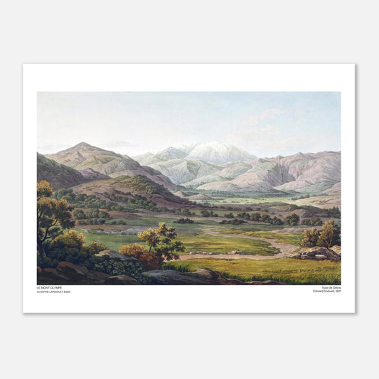 Antica tavola del Monte Olimpo, vista dalla Tessaglia di Edward Dodwell (30x40 cm). Un maestoso paesaggio montano che raffigura il Monte Olimpo, con una valle verdeggiante in primo piano.