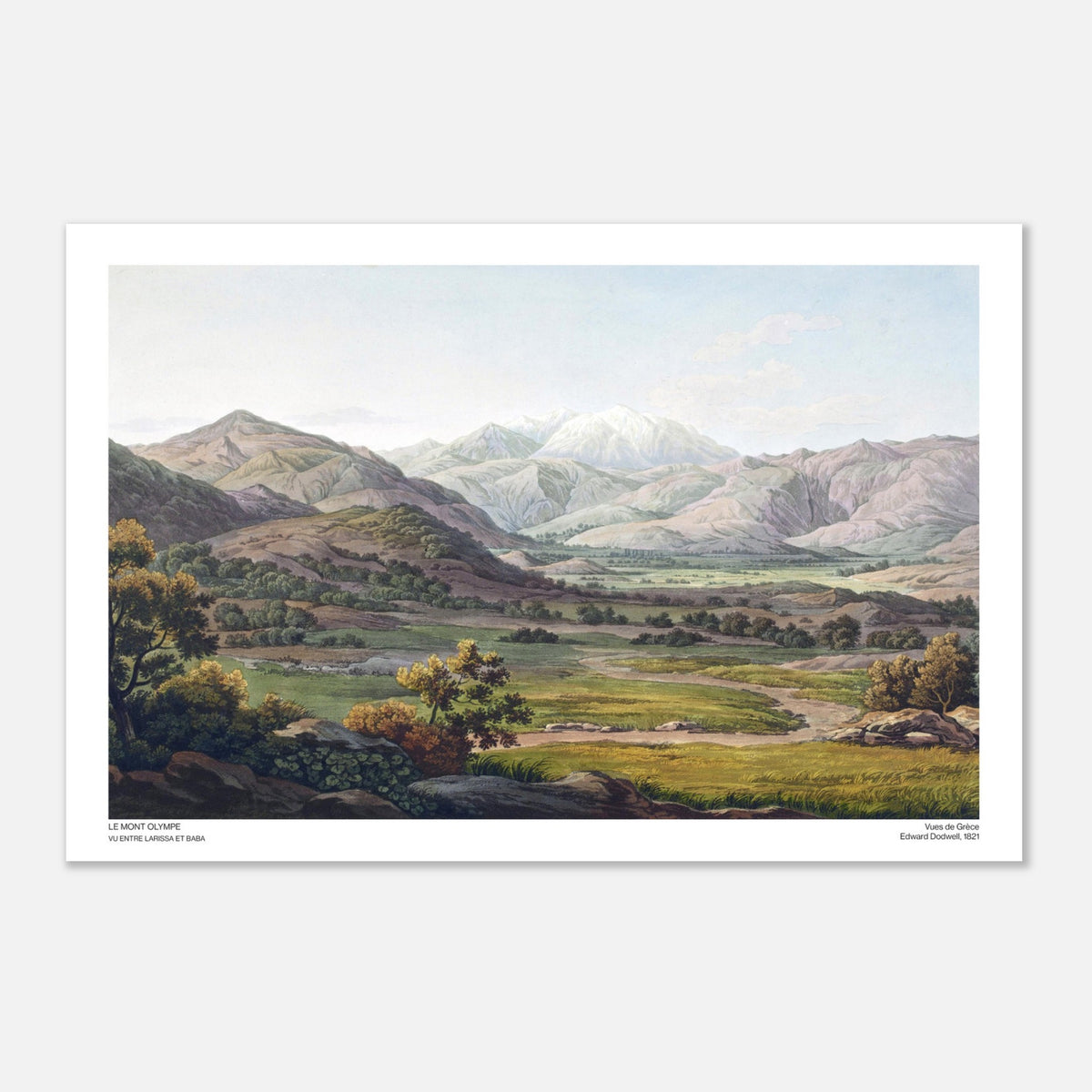 Antica tavola del Monte Olimpo, vista dalla Tessaglia di Edward Dodwell (40x60 cm). Un maestoso paesaggio montano che raffigura il Monte Olimpo, con una valle verdeggiante in primo piano.