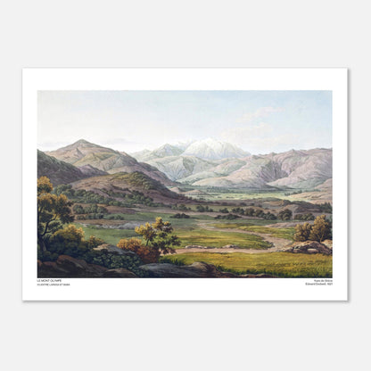 Antica tavola del Monte Olimpo, vista dalla Tessaglia di Edward Dodwell (50x70 cm). Un maestoso paesaggio montano che raffigura il Monte Olimpo, con una valle verdeggiante in primo piano.