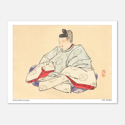 Noble de la Cour Impériale, illustration japonaise de Kōno Bairei (15x20 cm). Illustration d'une personne vêtue d'habits traditionnels japonais, assise, par Kōno Bairei.