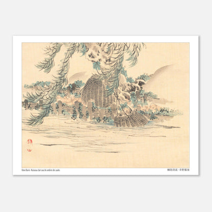 Illustration ancienne : Paniers de pêche sous les saules par Kōno Bairei (15x20 cm). Une peinture japonaise représentant des paniers de pêche suspendus sous les saules au bord d'un ruisseau, dans le style de Kōno Bairei.