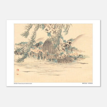 Illustration ancienne : Paniers de pêche sous les saules par Kōno Bairei (21x29,7 cm (A4)). Une peinture japonaise représentant des paniers de pêche suspendus sous les saules au bord d'un ruisseau, dans le style de Kōno Bairei.