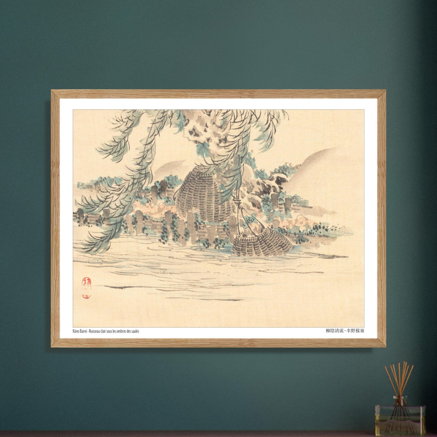 Illustration ancienne : Paniers de pêche sous les saules par Kōno Bairei. Une peinture japonaise représentant des paniers de pêche suspendus sous les saules au bord d'un ruisseau, dans le style de Kōno Bairei. Image d'illustration 5