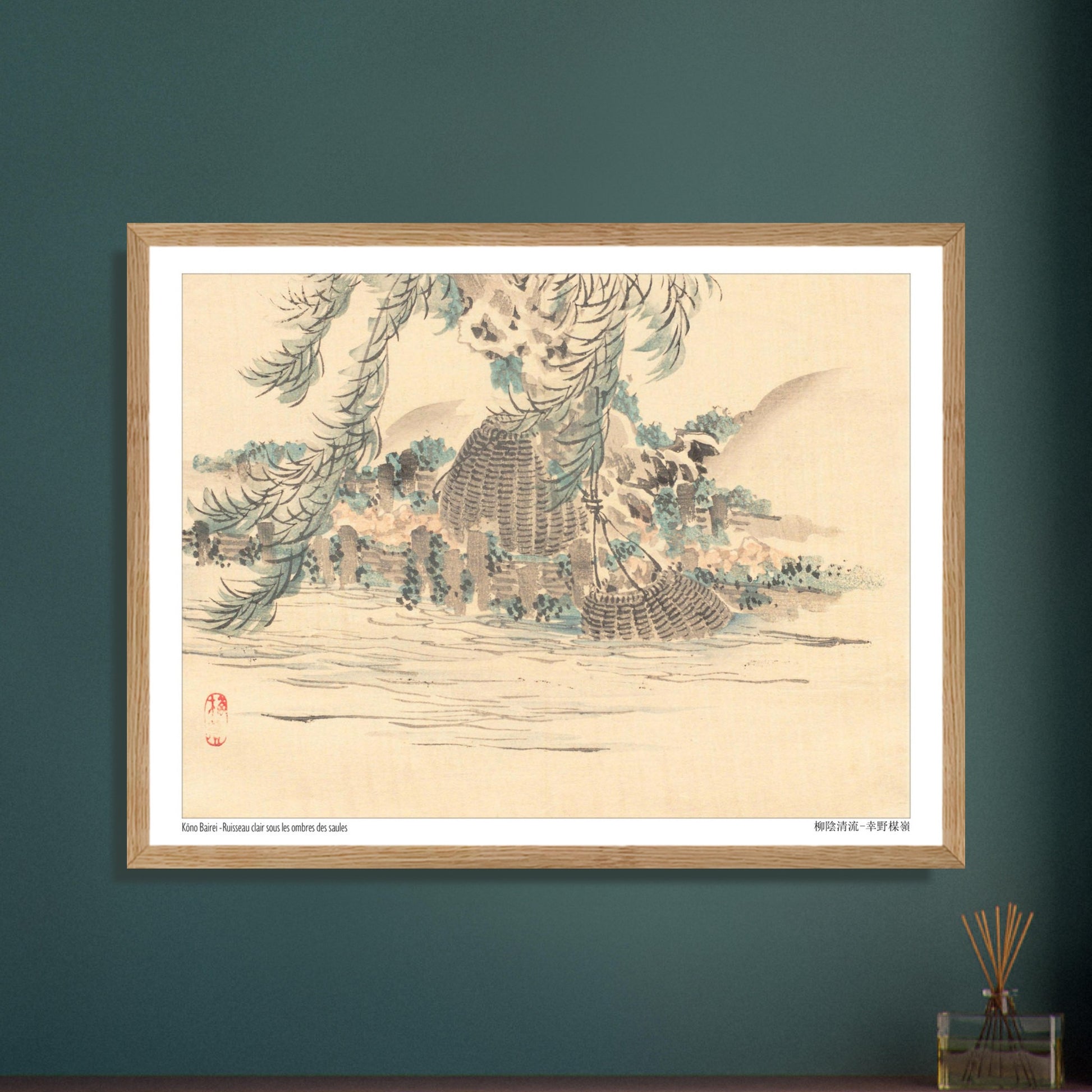 Illustration ancienne : Paniers de pêche sous les saules par Kōno Bairei. Une peinture japonaise représentant des paniers de pêche suspendus sous les saules au bord d'un ruisseau, dans le style de Kōno Bairei. Image d'illustration 5