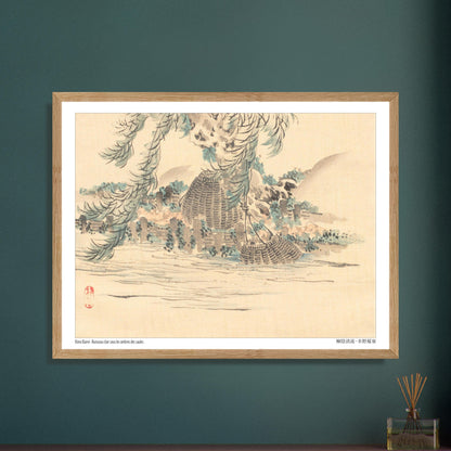 Illustration ancienne : Paniers de pêche sous les saules par Kōno Bairei. Une peinture japonaise représentant des paniers de pêche suspendus sous les saules au bord d'un ruisseau, dans le style de Kōno Bairei. Image d'illustration 5