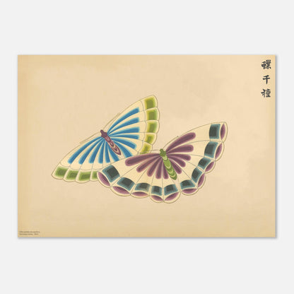 Illustration de papillons en éventails par Kamisaka Sekka (29,7x42 cm (A3)). Illustration d'une paire de papillons stylisés, aux ailes formant des éventails aux couleurs vives, sur fond beige.