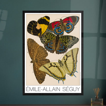 Illustration de papillons naturalistes par Émile-Allain Séguy. Illustration de l'Art déco par Émile-Allain Séguy représentant cinq papillons avec des ailes aux motifs géométriques et aux couleurs vives, notamment jaunes, rouges et bleues. Image d'illustration 7