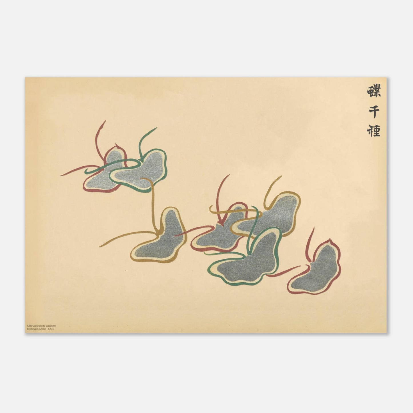 Illustration de papillons stylisés gris, verts et bordeaux - Sekka (29,7x42 cm (A3)). Gravure de la collection Mille variétés de papillons, représentant une volée de papillons stylisés aux contours gris, verts et bordeaux, sur un fond beige.