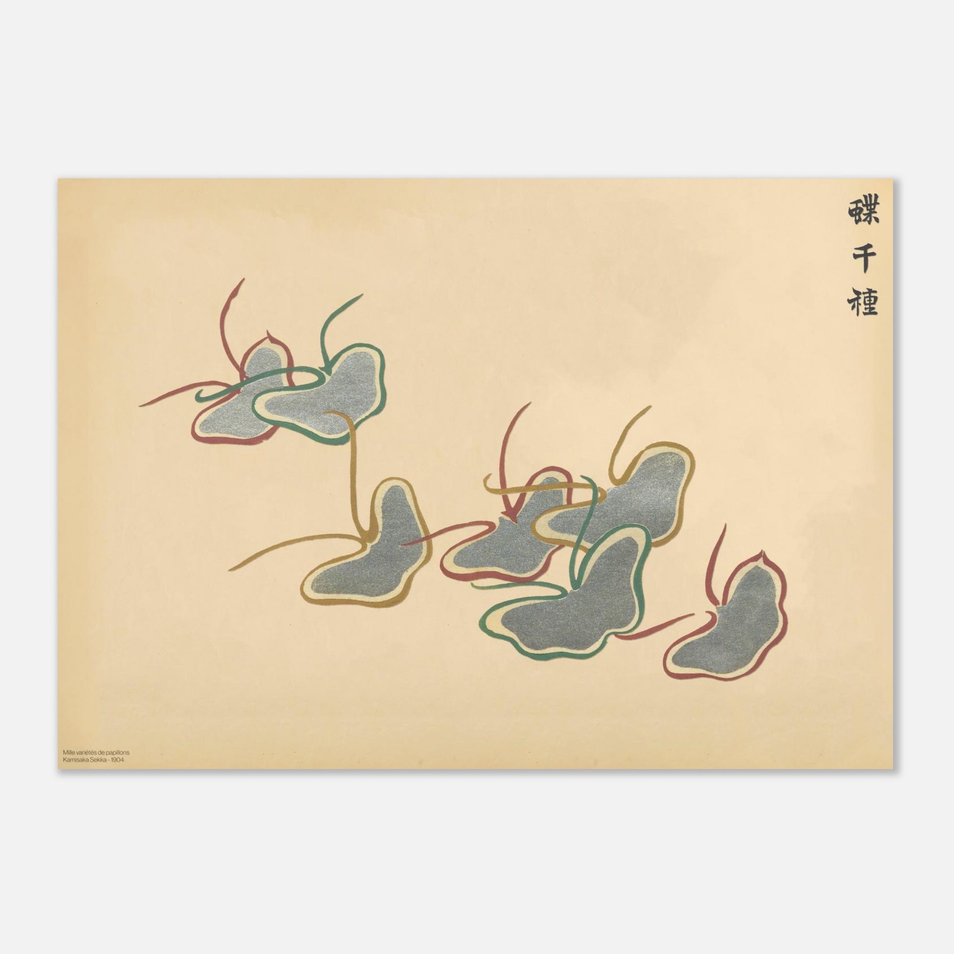 Illustration de papillons stylisés gris, verts et bordeaux - Sekka (29,7x42 cm (A3)). Gravure de la collection Mille variétés de papillons, représentant une volée de papillons stylisés aux contours gris, verts et bordeaux, sur un fond beige.
