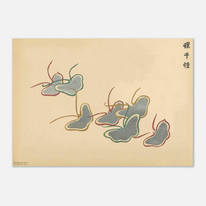 Illustration de papillons stylisés gris, verts et bordeaux - Sekka (29,7x42 cm (A3)). Gravure de la collection Mille variétés de papillons, représentant une volée de papillons stylisés aux contours gris, verts et bordeaux, sur un fond beige.