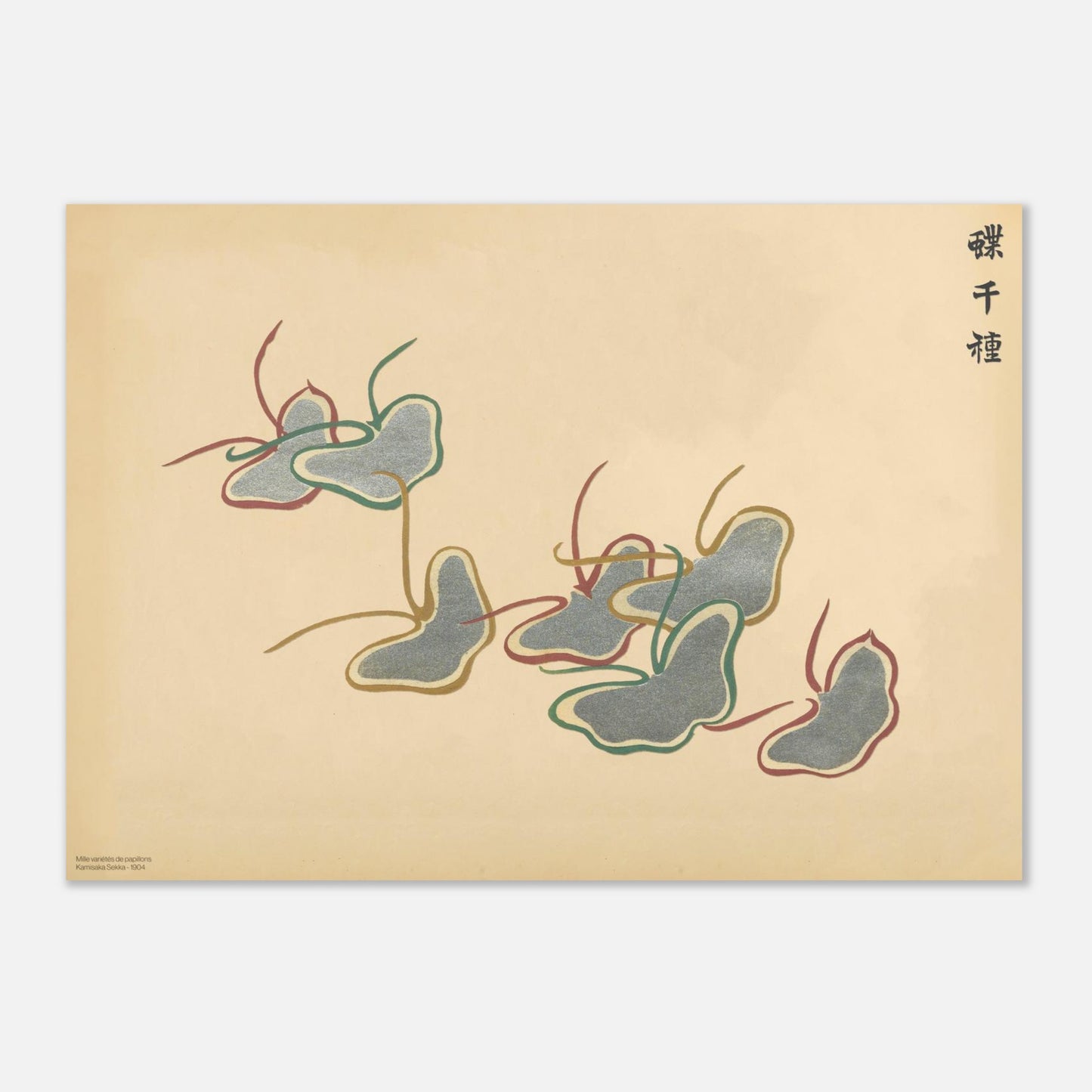 Illustration de papillons stylisés gris, verts et bordeaux - Sekka (42x59,4 cm (A2)). Gravure de la collection Mille variétés de papillons, représentant une volée de papillons stylisés aux contours gris, verts et bordeaux, sur un fond beige.