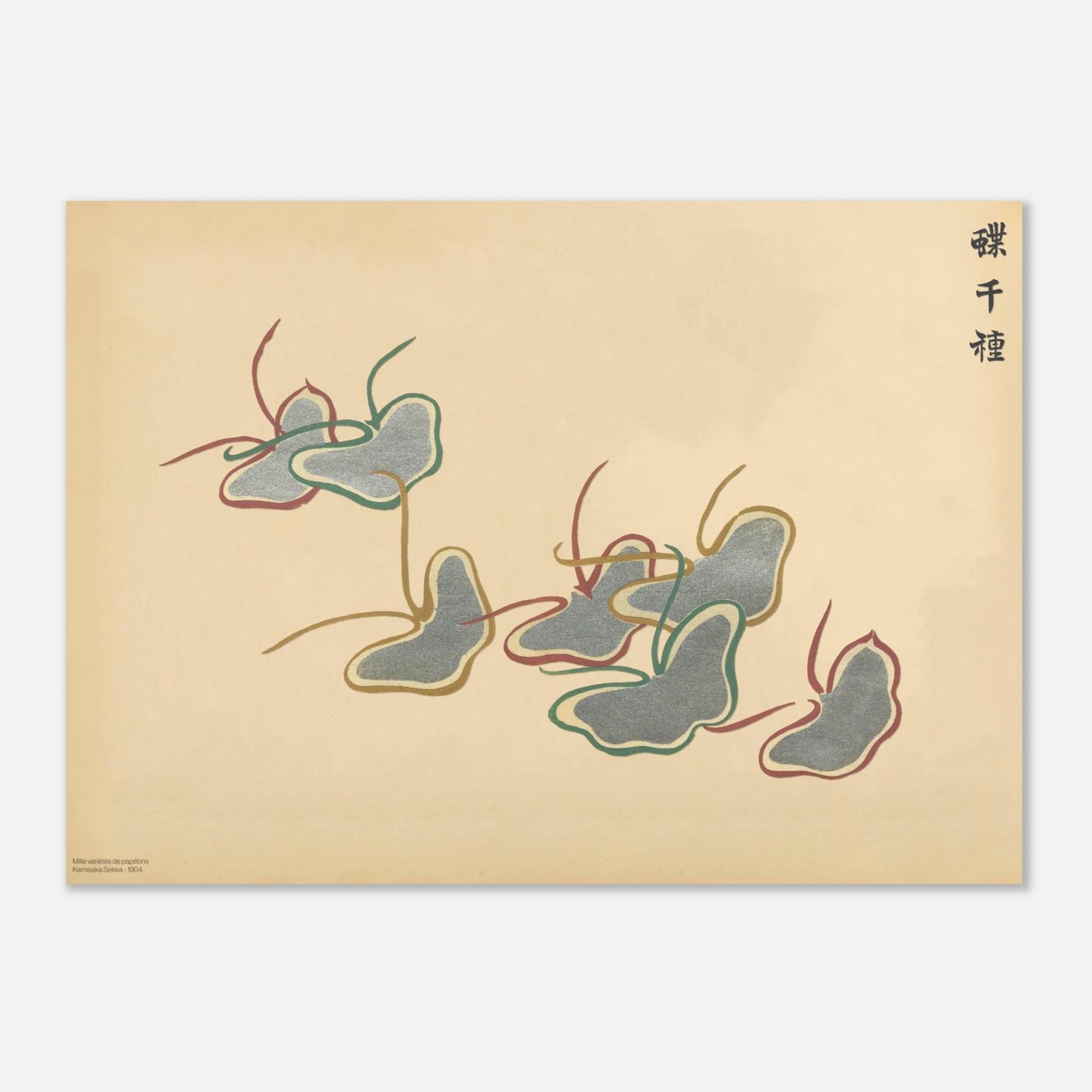 Illustration de papillons stylisés gris, verts et bordeaux - Sekka (50x70 cm). Gravure de la collection Mille variétés de papillons, représentant une volée de papillons stylisés aux contours gris, verts et bordeaux, sur un fond beige.