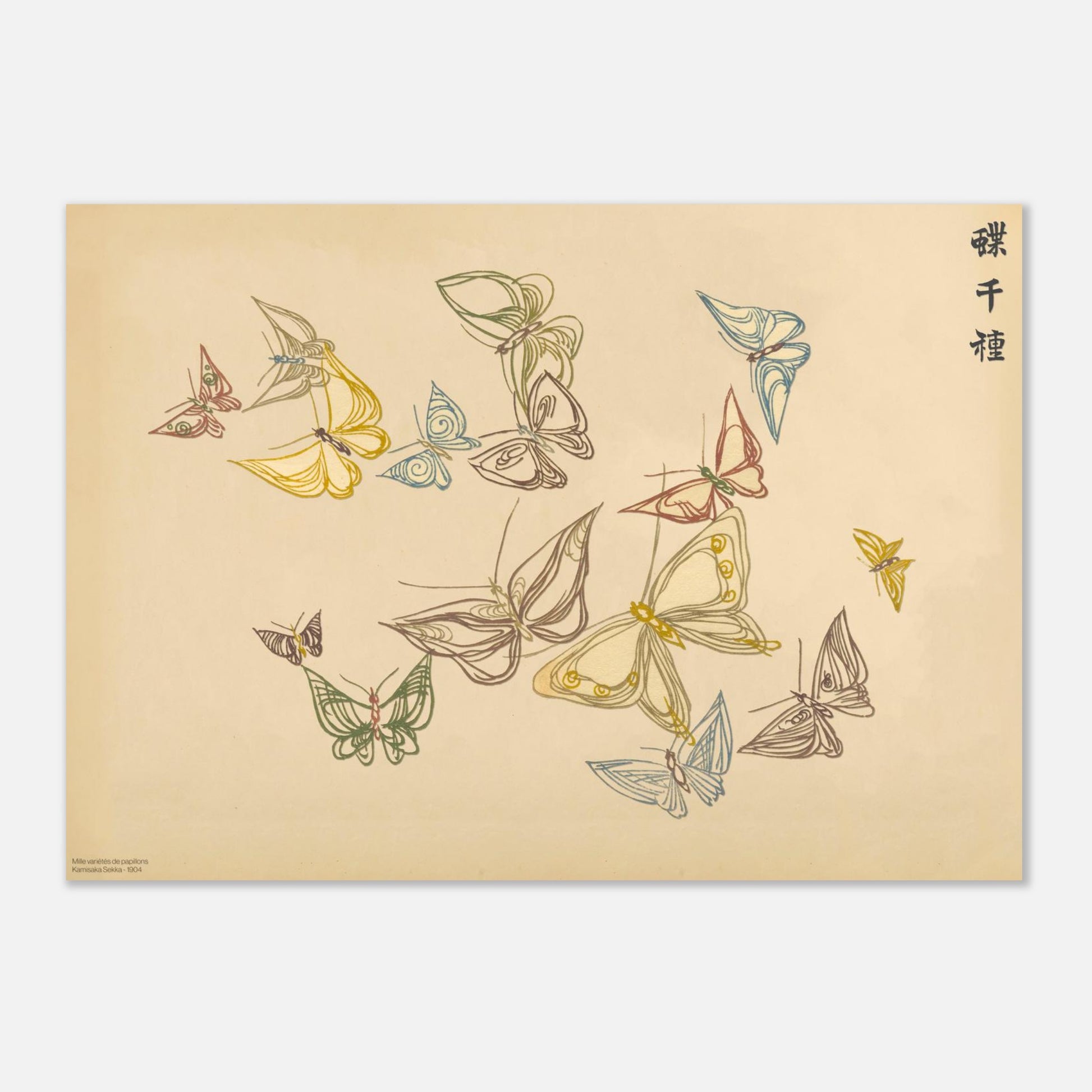 Illustration de papillons aux traits sinueux - Kamisaka Sekka (29,7x42 cm (A3)). Planche d'illustrations de papillons aux ailes dessinées par des lignes fines et sinueuses dans des tons variés tels que le jaune, le bleu, le vert, le rouge, le marron et le gris, sur un fond beige.