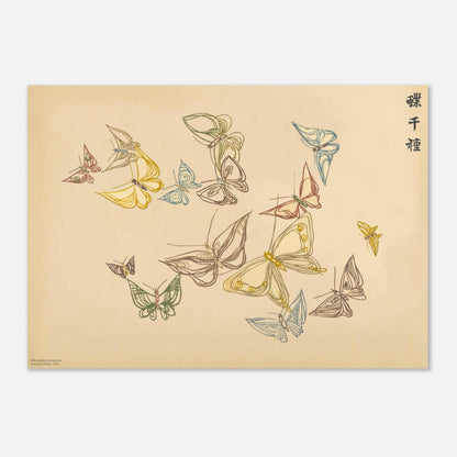 Illustration de papillons aux traits sinueux - Kamisaka Sekka (29,7x42 cm (A3)). Planche d'illustrations de papillons aux ailes dessinées par des lignes fines et sinueuses dans des tons variés tels que le jaune, le bleu, le vert, le rouge, le marron et le gris, sur un fond beige.