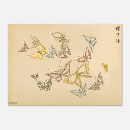 Illustration de papillons aux traits sinueux - Kamisaka Sekka (50x70 cm). Planche d'illustrations de papillons aux ailes dessinées par des lignes fines et sinueuses dans des tons variés tels que le jaune, le bleu, le vert, le rouge, le marron et le gris, sur un fond beige.