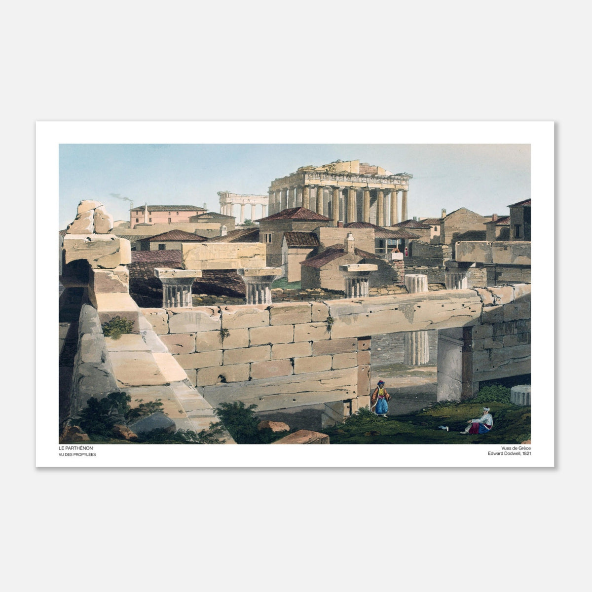 Il Partenone visto dai Propilei, antica illustrazione di Edward Dodwell (40x60 cm). Vista del Partenone dai Propilei, che mostra rovine antiche in primo piano e il tempio del Partenone sullo sfondo, con edifici circostanti e figure.