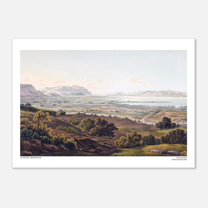Antica illustrazione del Passo delle Termopili di Edward Dodwell (29,7x42 cm (A3)). Un vasto paesaggio montano con uno specchio d'acqua in lontananza e formazioni rocciose in primo piano.