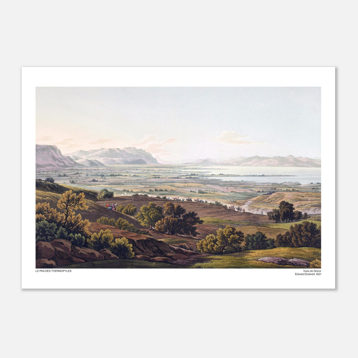 Antica illustrazione del Passo delle Termopili di Edward Dodwell (42x59,4 cm (A2)). Un vasto paesaggio montano con uno specchio d'acqua in lontananza e formazioni rocciose in primo piano.