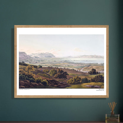 Antica illustrazione del Passo delle Termopili di Edward Dodwell. Un vasto paesaggio montano con uno specchio d'acqua in lontananza e formazioni rocciose in primo piano.