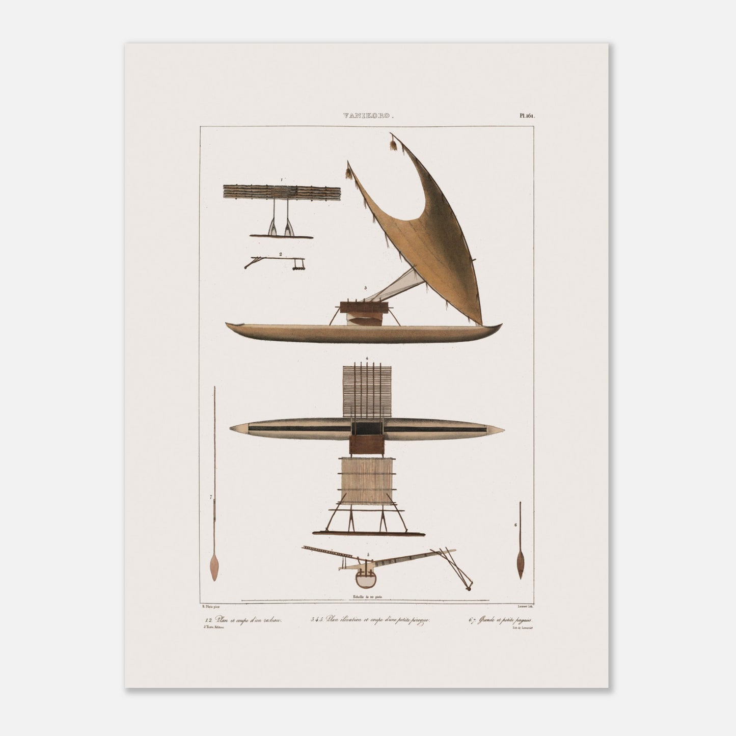 Illustration : Pirogues et radeaux de Vanikoro (Voyage de l'Astrolabe) (30x40 cm). Gravure ancienne de pirogues et radeaux de Vanikoro, montrant une grande pirogue à voile, une vue en plan d'un radeau et des détails de construction.