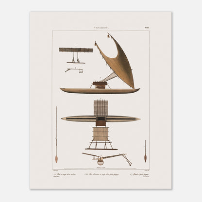 Illustration : Pirogues et radeaux de Vanikoro (Voyage de l'Astrolabe) (40x50 cm). Gravure ancienne de pirogues et radeaux de Vanikoro, montrant une grande pirogue à voile, une vue en plan d'un radeau et des détails de construction.