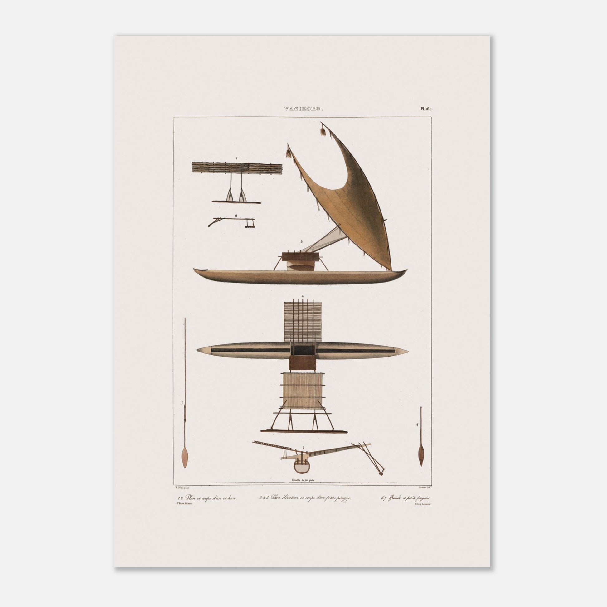 Illustration : Pirogues et radeaux de Vanikoro (Voyage de l'Astrolabe) (42x59,4 cm (A2)). Gravure ancienne de pirogues et radeaux de Vanikoro, montrant une grande pirogue à voile, une vue en plan d'un radeau et des détails de construction.