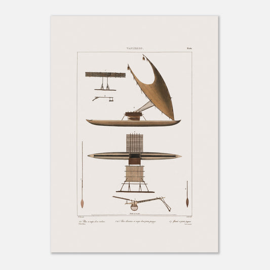 Illustration : Pirogues et radeaux de Vanikoro (Voyage de l'Astrolabe) (42x59,4 cm (A2)). Gravure ancienne de pirogues et radeaux de Vanikoro, montrant une grande pirogue à voile, une vue en plan d'un radeau et des détails de construction.