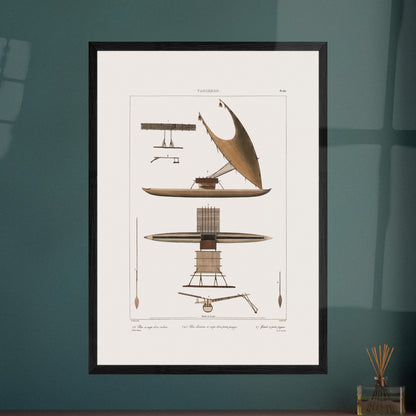 Illustration : Pirogues et radeaux de Vanikoro (Voyage de l'Astrolabe). Gravure ancienne de pirogues et radeaux de Vanikoro, montrant une grande pirogue à voile, une vue en plan d'un radeau et des détails de construction. Image d'illustration 5