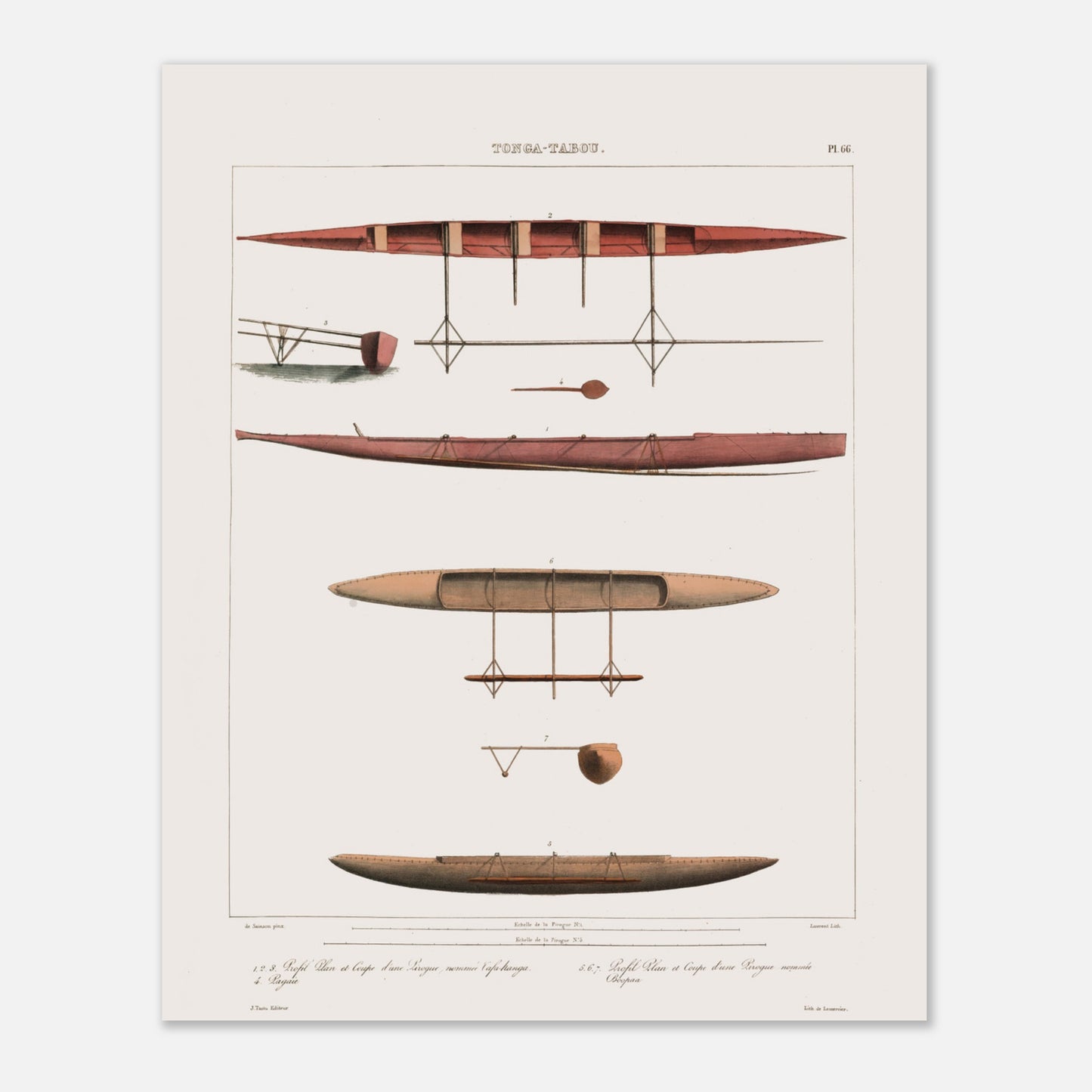 Illustration des pirogues Tafahanga et Boopaa de Tonga (Astrolabe) (40x50 cm). Gravure ancienne montrant des vues en plan et en élévation de pirogues tonganes, avec leurs rames et leur nomenclature.
