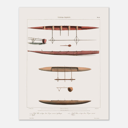 Illustration des pirogues Tafahanga et Boopaa de Tonga (Astrolabe) (40x50 cm). Gravure ancienne montrant des vues en plan et en élévation de pirogues tonganes, avec leurs rames et leur nomenclature.