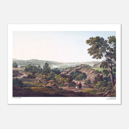 Plain of Olympia and the Alpheus River, Antique Engraving by Edward Dodwell (29,7x42 cm (A3) / 11.7x16.5″). Landscape of the plain of Olympia with a winding lake, green hills, trees, and figures walking on a path.