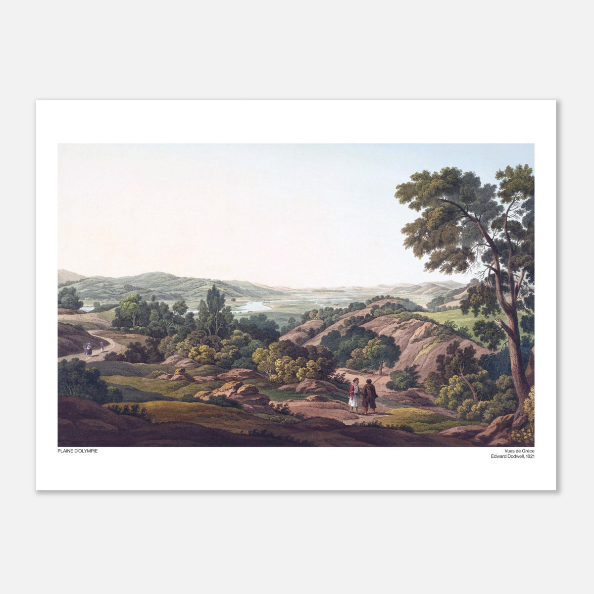 Plain of Olympia and the Alpheus River, Antique Engraving by Edward Dodwell (30x40 cm / 12x16″). Landscape of the plain of Olympia with a winding lake, green hills, trees, and figures walking on a path.