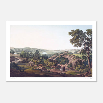 Plain of Olympia and the Alpheus River, Antique Engraving by Edward Dodwell (40x60 cm / 16x24″). Landscape of the plain of Olympia with a winding lake, green hills, trees, and figures walking on a path.