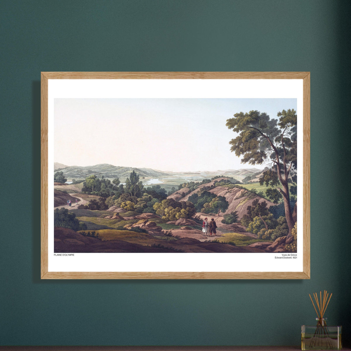 Plain of Olympia and the Alpheus River, Antique Engraving by Edward Dodwell. Landscape of the plain of Olympia with a winding lake, green hills, trees, and figures walking on a path.