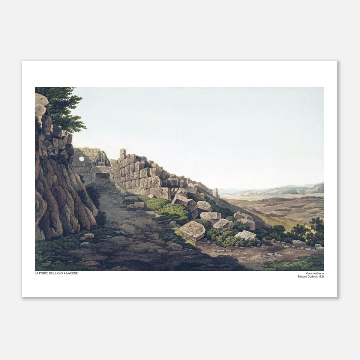 Illustrazione della Porta dei Leoni a Micene, da Edward Dodwell (30x40 cm). Antica illustrazione della Porta dei Leoni a Micene, una struttura ciclopica in pietra con leoni scolpiti, un sentiero che attraversa la porta e un paesaggio collinare.
