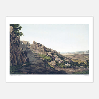 Illustrazione della Porta dei Leoni a Micene, da Edward Dodwell (30x40 cm). Antica illustrazione della Porta dei Leoni a Micene, una struttura ciclopica in pietra con leoni scolpiti, un sentiero che attraversa la porta e un paesaggio collinare.
