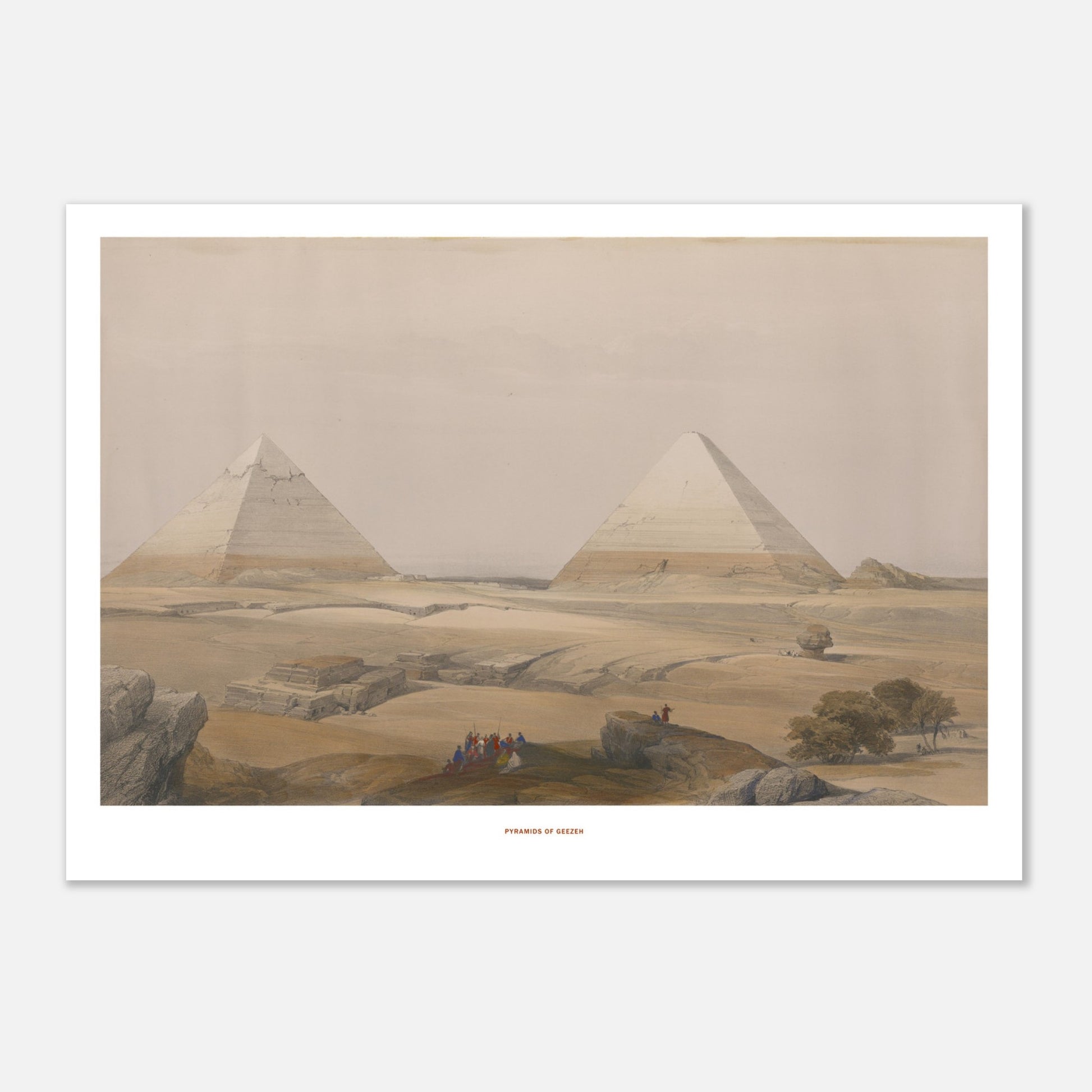 Illustration ancienne : Pyramides de Gizeh par David Roberts (21x29,7 cm (A4)). La gravure ancienne montre les Pyramides de Gizeh dans un paysage désertique, avec des figures humaines et des rochers au premier plan.