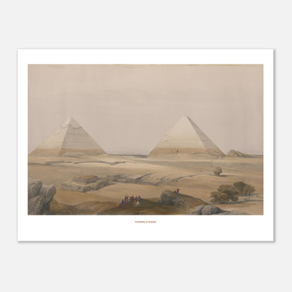 Illustration ancienne : Pyramides de Gizeh par David Roberts (30x40 cm). La gravure ancienne montre les Pyramides de Gizeh dans un paysage désertique, avec des figures humaines et des rochers au premier plan.