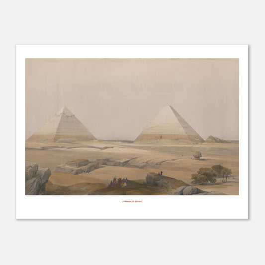 Illustration ancienne : Pyramides de Gizeh par David Roberts (30x40 cm). La gravure ancienne montre les Pyramides de Gizeh dans un paysage désertique, avec des figures humaines et des rochers au premier plan.